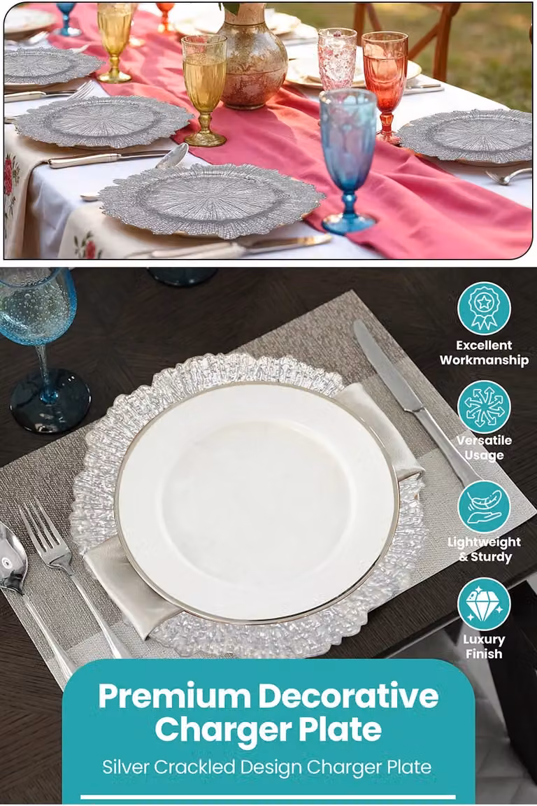 Neel Blue Crackled Glass Charger Plates in Blue and Metallic Silver, Diameter: 33 cm