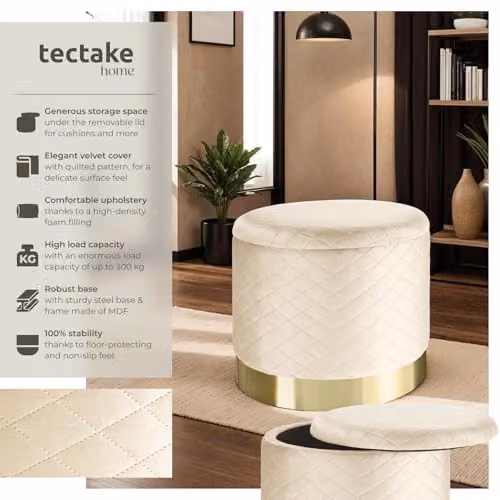 tectake Coco Storage Stool in Cream with Velvet Fabric and Gold Base – 3