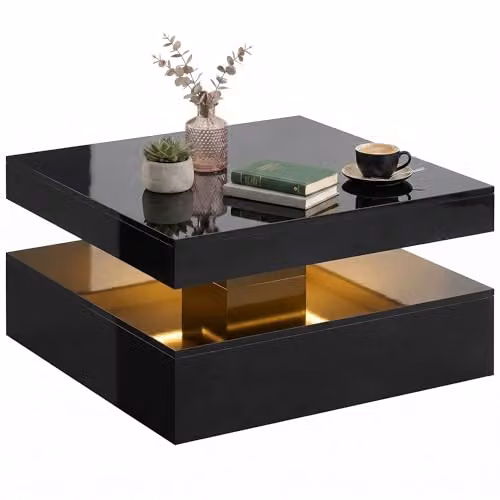 HOMCOM Modern High Gloss Black LED Coffee Table with 2-Tier Storage and Lift Mechanism – 1
