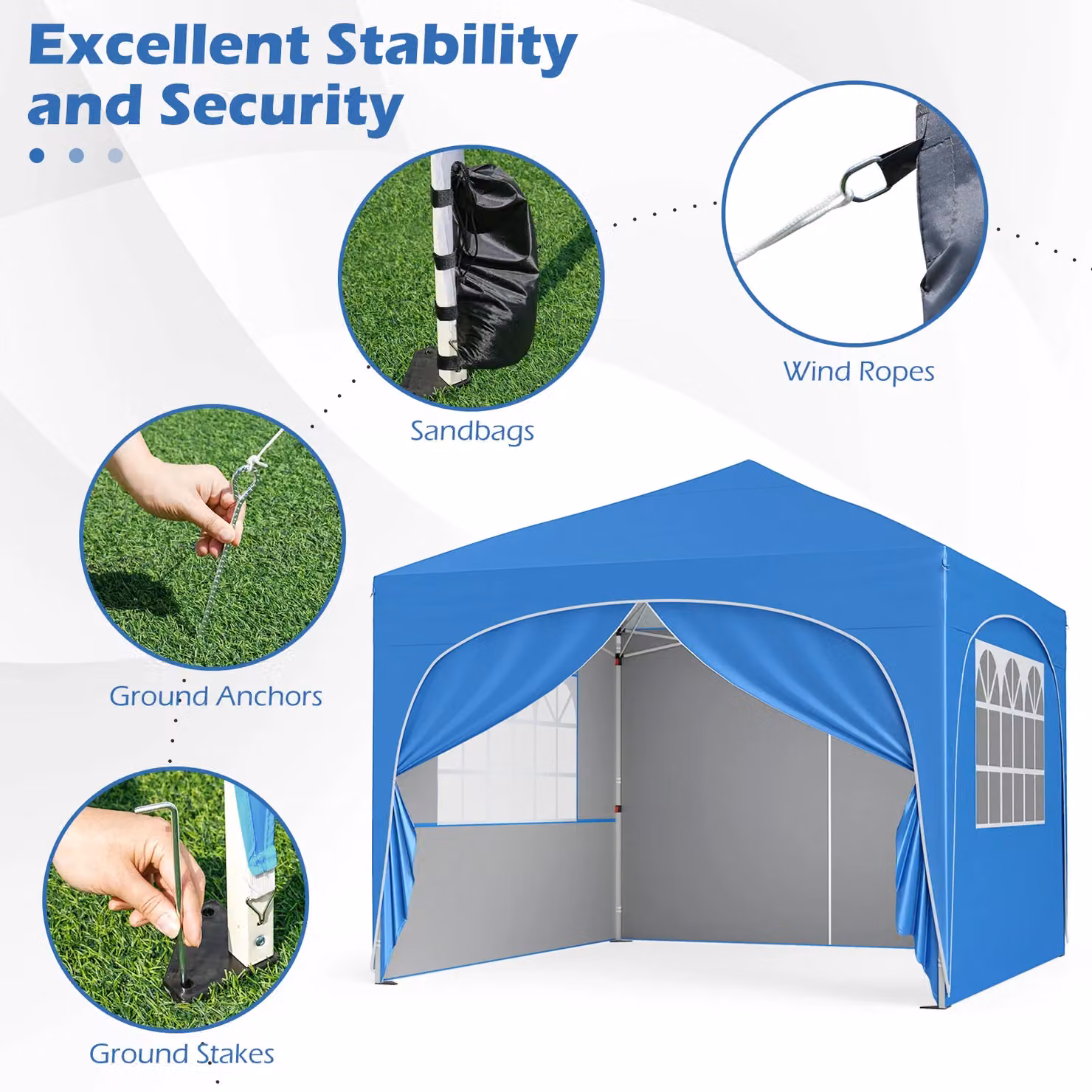 Gymax Blue Pop Up Canopy Tent with 4 Removable Sidewalls and Windows, W/D/H: 300 x 300 x 286 cm – 4
