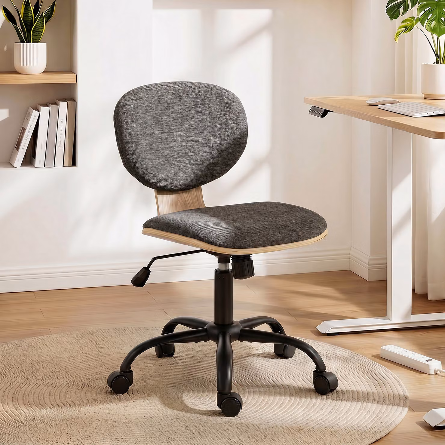 HOMCOM Ergonomic Grey Fabric Home Office Swivel Chair with Castors – 2