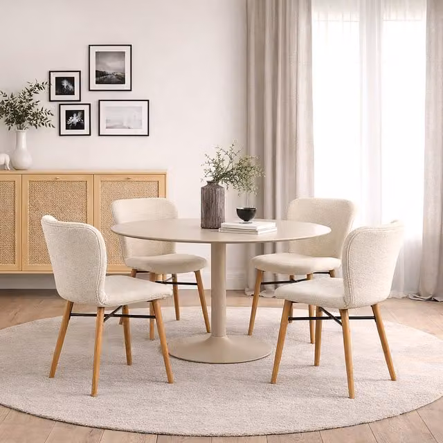 Furniture To Go Ibiza Round Beige Dining Table and 4 Batilda Dining Chairs in Cream and Oak