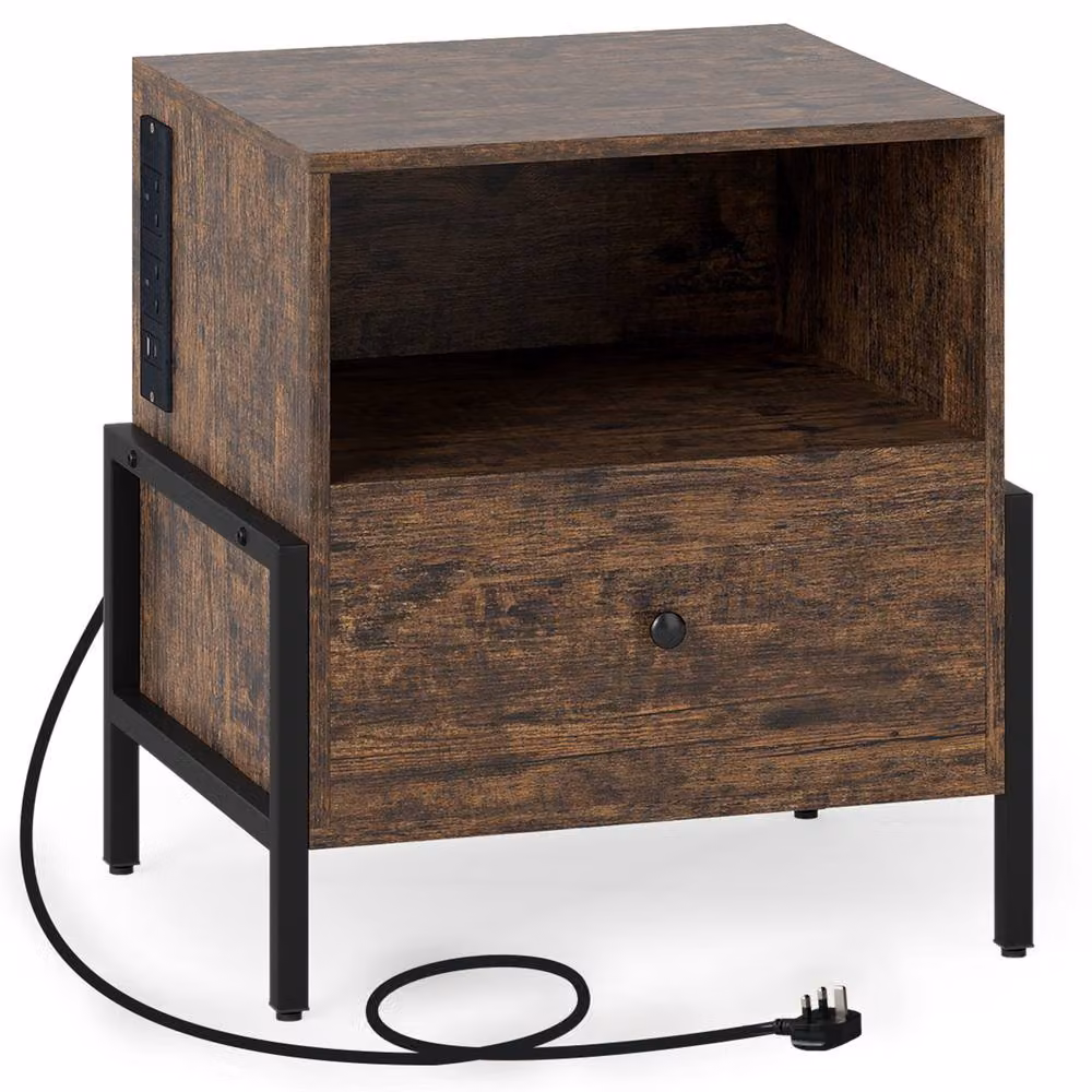 Costway 3-Tier Bedside Table with Drawer and Open Storage Shelf in Brown – 8