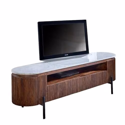 Indian Hub Opal Large TV Stand with Marble Top and Metal Legs in Brown, W: 170 cm, D: 40 cm, H: 50 cm – 1