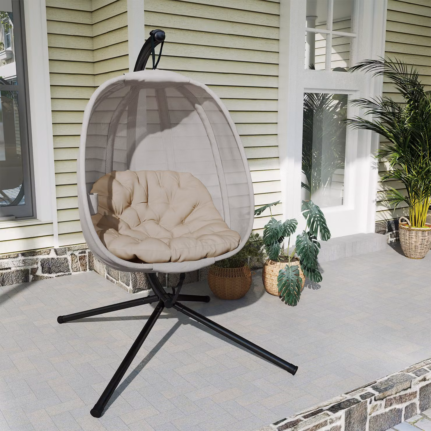 Outsunny Folding Hanging Egg Chair with Stand and Cushions, Beige – 7