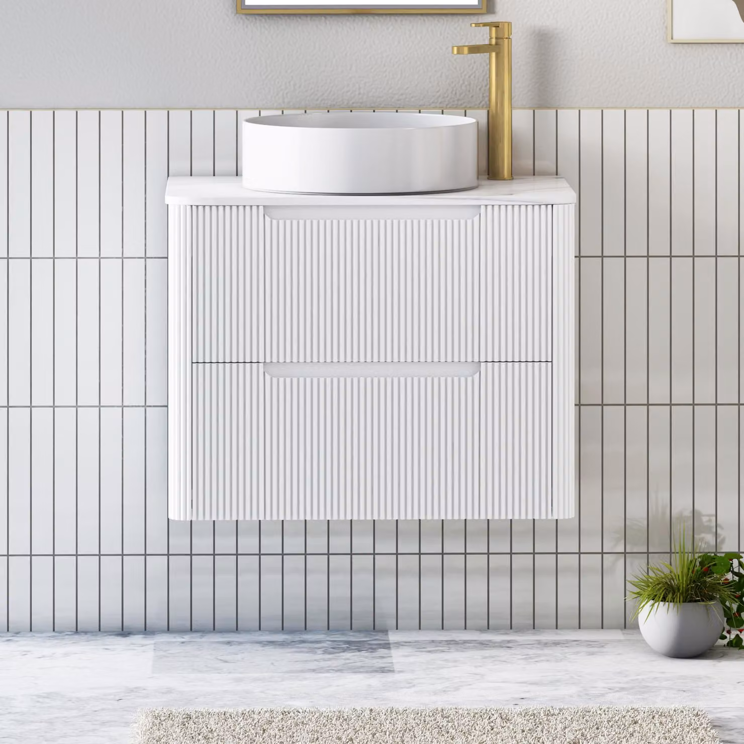 Royal Bathrooms Avenza Matt White 2 Drawer Wall Hung Vanity Unit with Carrara White Undrilled Worktop
