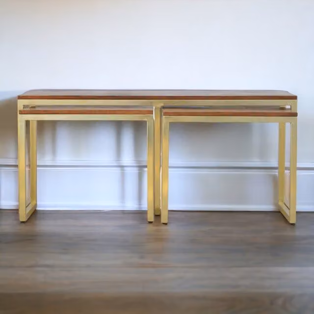 Artisan Furniture Modern Mango Wood Nesting Coffee Table Set of 3 in Gold and Brown