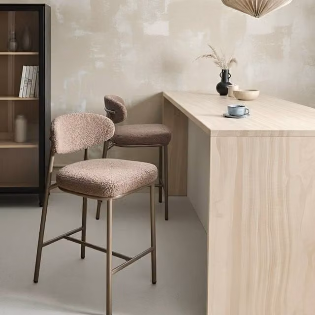 Wyld and Coco Set of 2 Beige Boucle Armless Bar Chairs with Retro Metal Legs