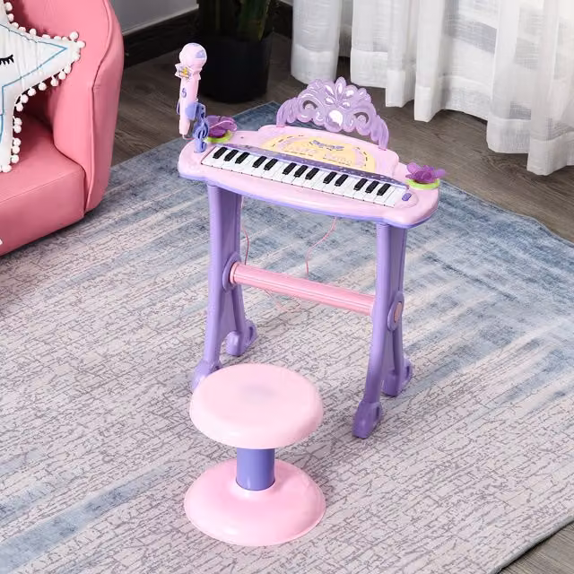 HOMCOM Mini Battery Operated 32 Key Keyboard Piano with Microphone and Stool for Kids in Pink and Purple