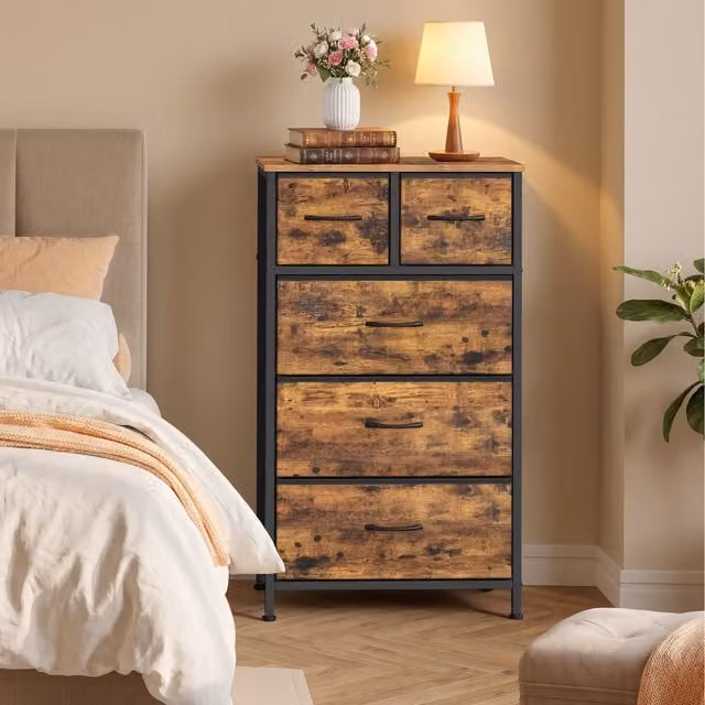 SONGMICS Tana 5-Drawer Chest with Wooden Top and Steel Frame, Brown
