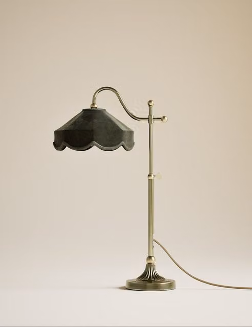 M&S Winnie Green Velvet Table Lamp with Gold Brass Metal Base