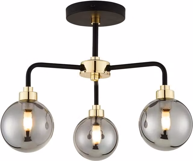 First Choice Lighting Modern 3 Light Ceiling Lamp in Black and Gold/Brass with Smoked Glass – 1