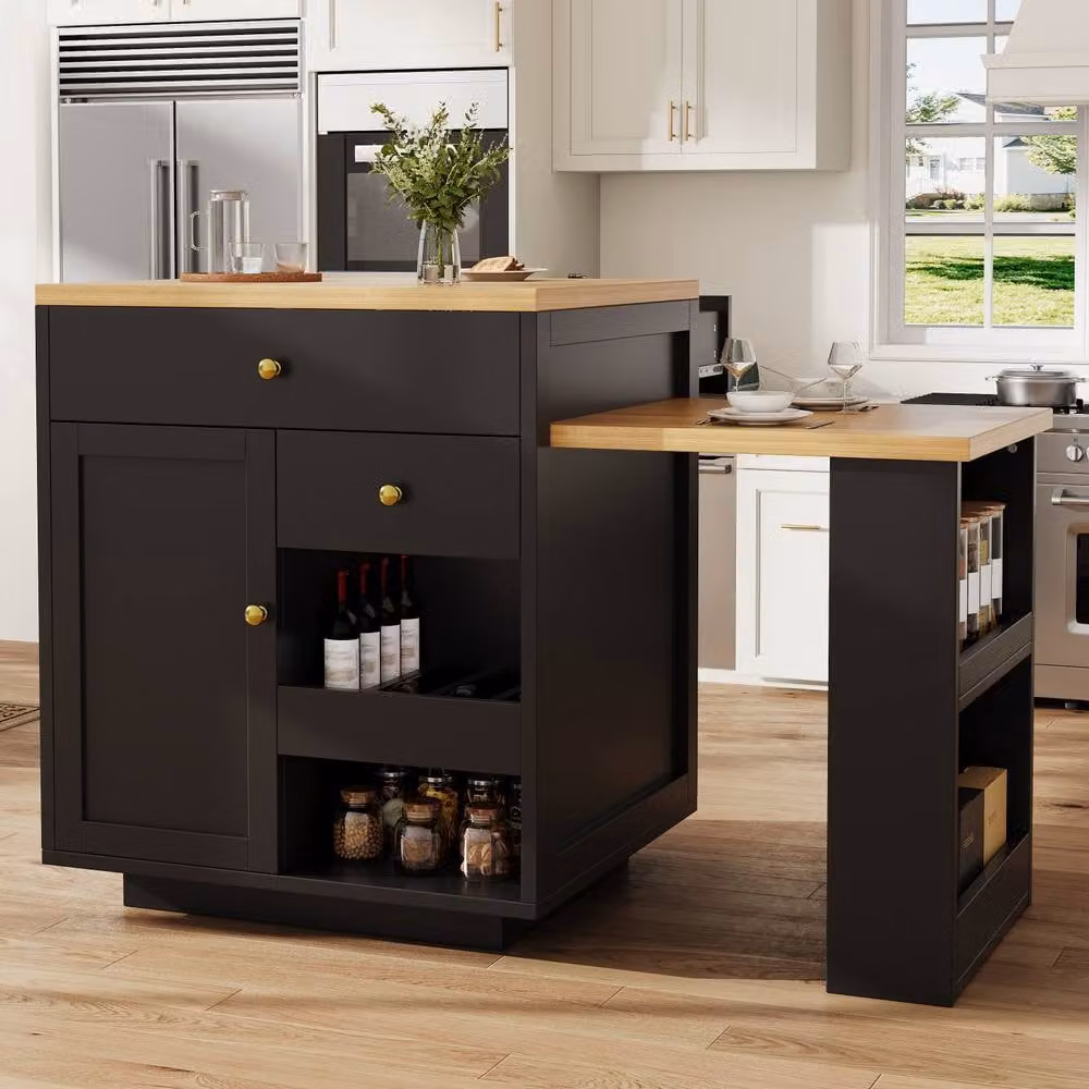 Rolipo Black Extendable Modern Kitchen Island with Storage and Wine Rack – 2