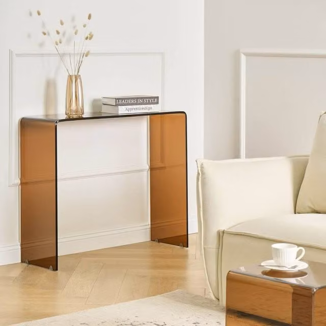 Wyld and Coco Modern Brown Tinted Glass Console Table W/D/H: 90 x 30 x 75 cm