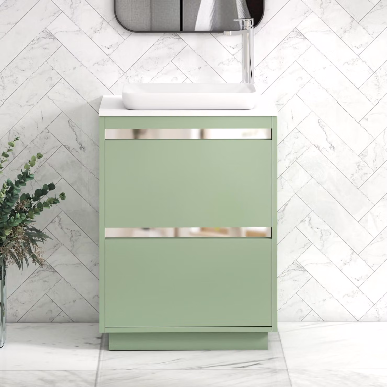 Royal Bathrooms Orion 2 Drawer Floor Standing Vanity Unit with Qubix Basin and Chrome Accent Trim in Mint Sage and White