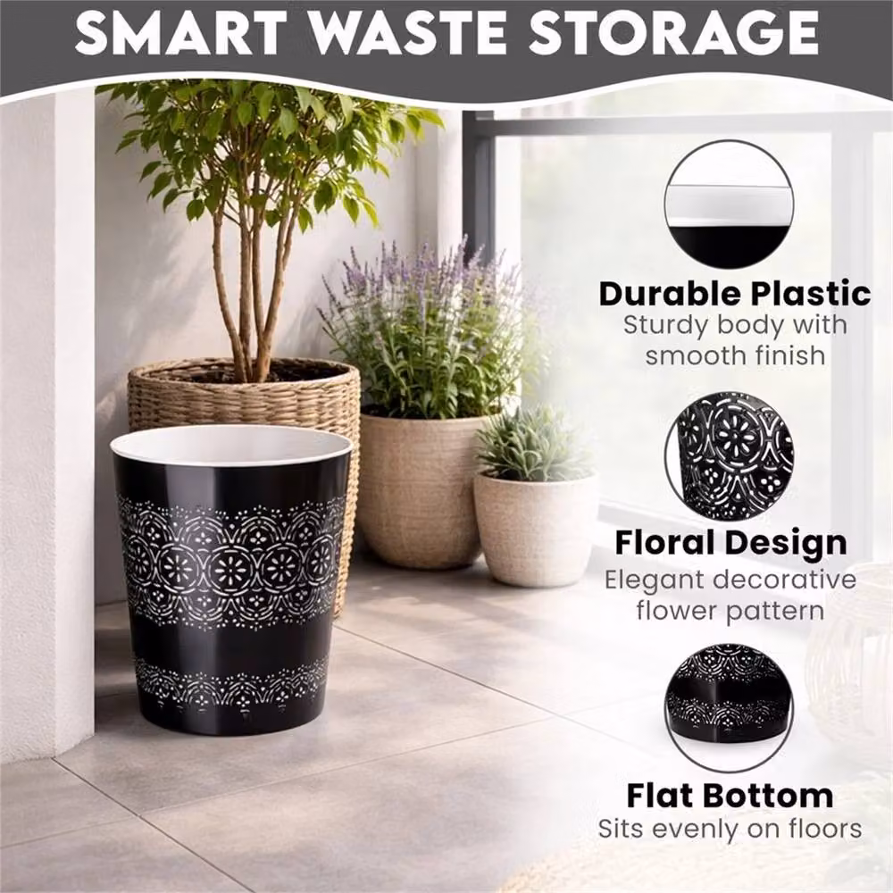 PAWNORA Black 9 Litre Plastic Waste Paper Bin for Home, Office or Kitchen – 6