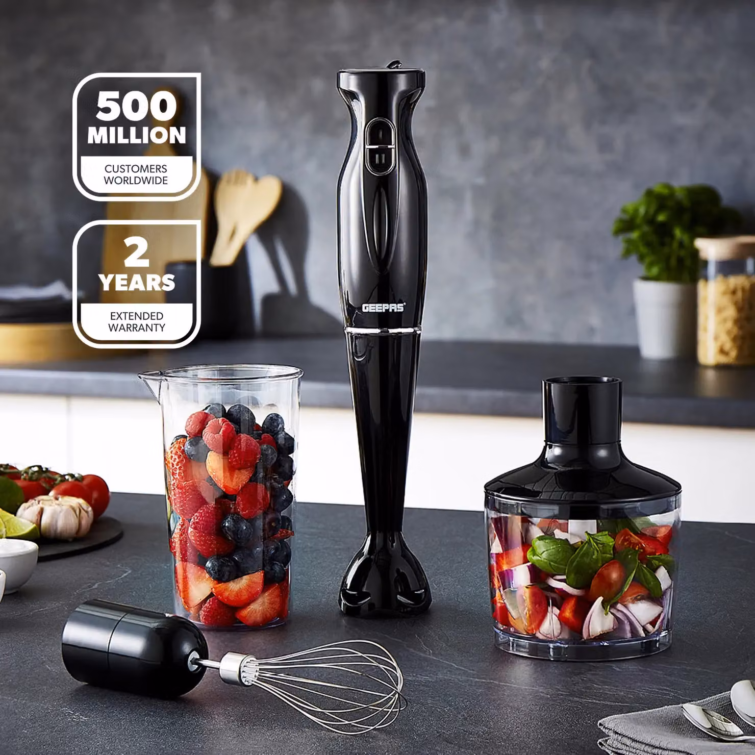 Geepas 4-in-1 Hand Blender 200W with Chopper Bowl and Whisk in Black – 2