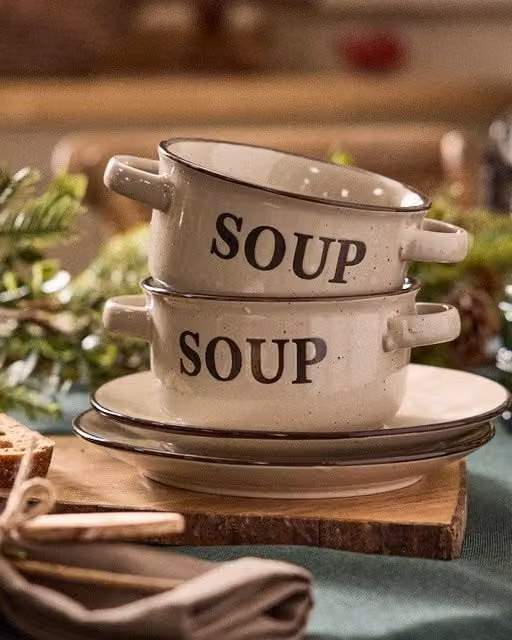 Dibor Set of 2 Ceramic Peppered Cream Soup Bowls and Bread Plates in Beige – 1