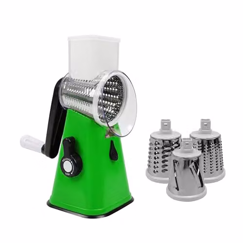 AMOS Rotary Multifunction Cheese Grater and Vegetable Slicer with Three Stainless Steel Drum Blades, Green