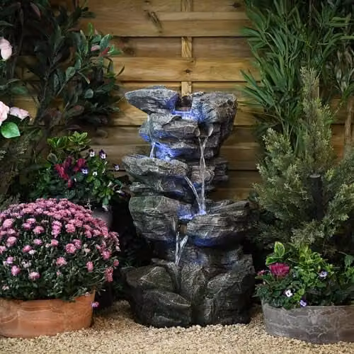 Garden Gear Serenity Cascading Rock Waterfall Water Feature with LED Lights, Grey Polyresin Natural Stone Look, Height: 82 cm – 4