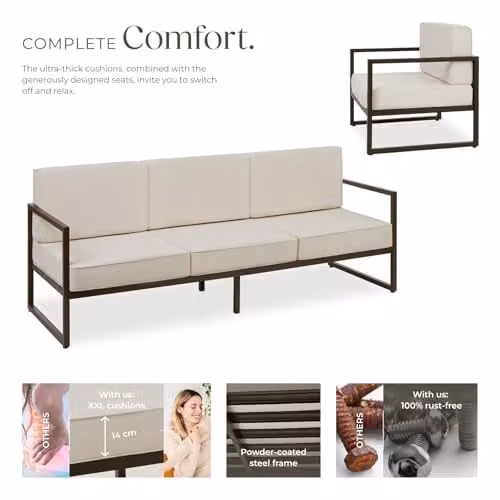 tectake Minimalist Garden Furniture Set with Two 3-Seater Outdoor Sofas and One Lounge Armchair, Featuring Powder-Coated Steel Frames and Upholstered Foam Cushions with Removable Covers – 3