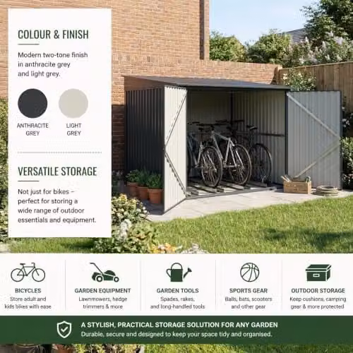 Nicoman Anthracite Grey Metal Steel Pent Bike Storage Shed with Double Doors, H 201.0 x W 160.0 x D 196.0 cm – 6