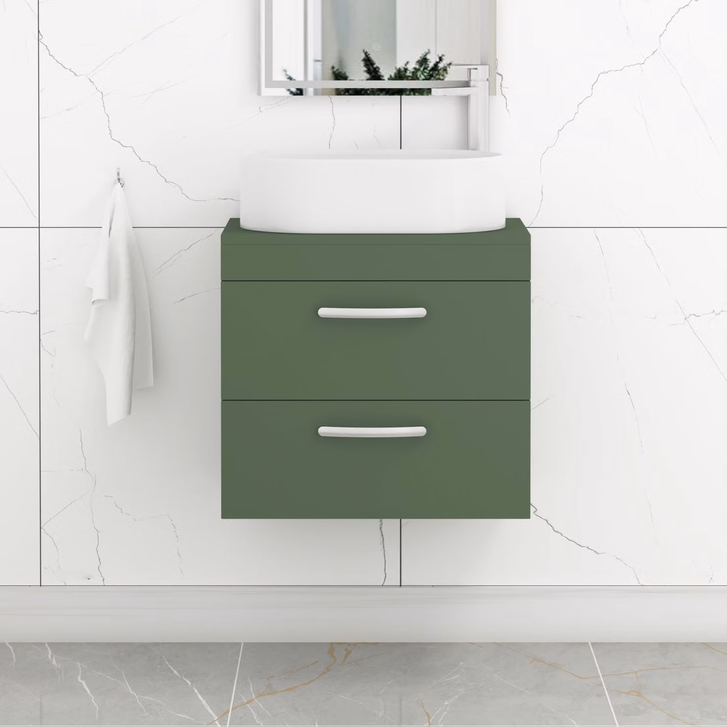 Royal Bathrooms Turin 800mm Wall Hung Vanity Unit with 2 Drawers, Matt Green Finish, Peak Countertop Basin and Matt Black Handles