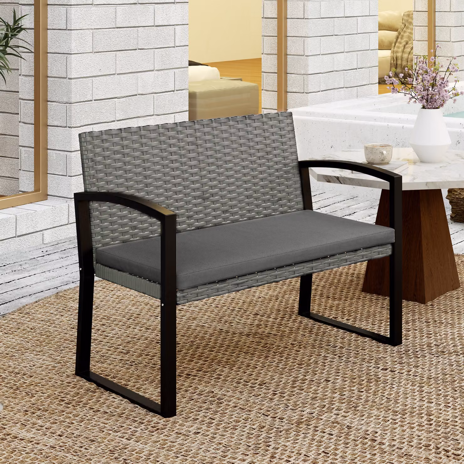 Outsunny Two-Seater Rattan Garden Bench with Armrests and Cushions in Grey and Black – 7