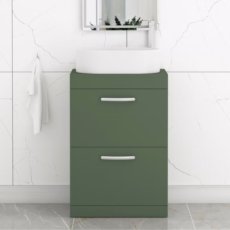 Royal Bathrooms Turin 800mm Floor Standing 2 Drawer Vanity Unit in Matt Green with Peak Countertop Basin and Brushed Brass Handles