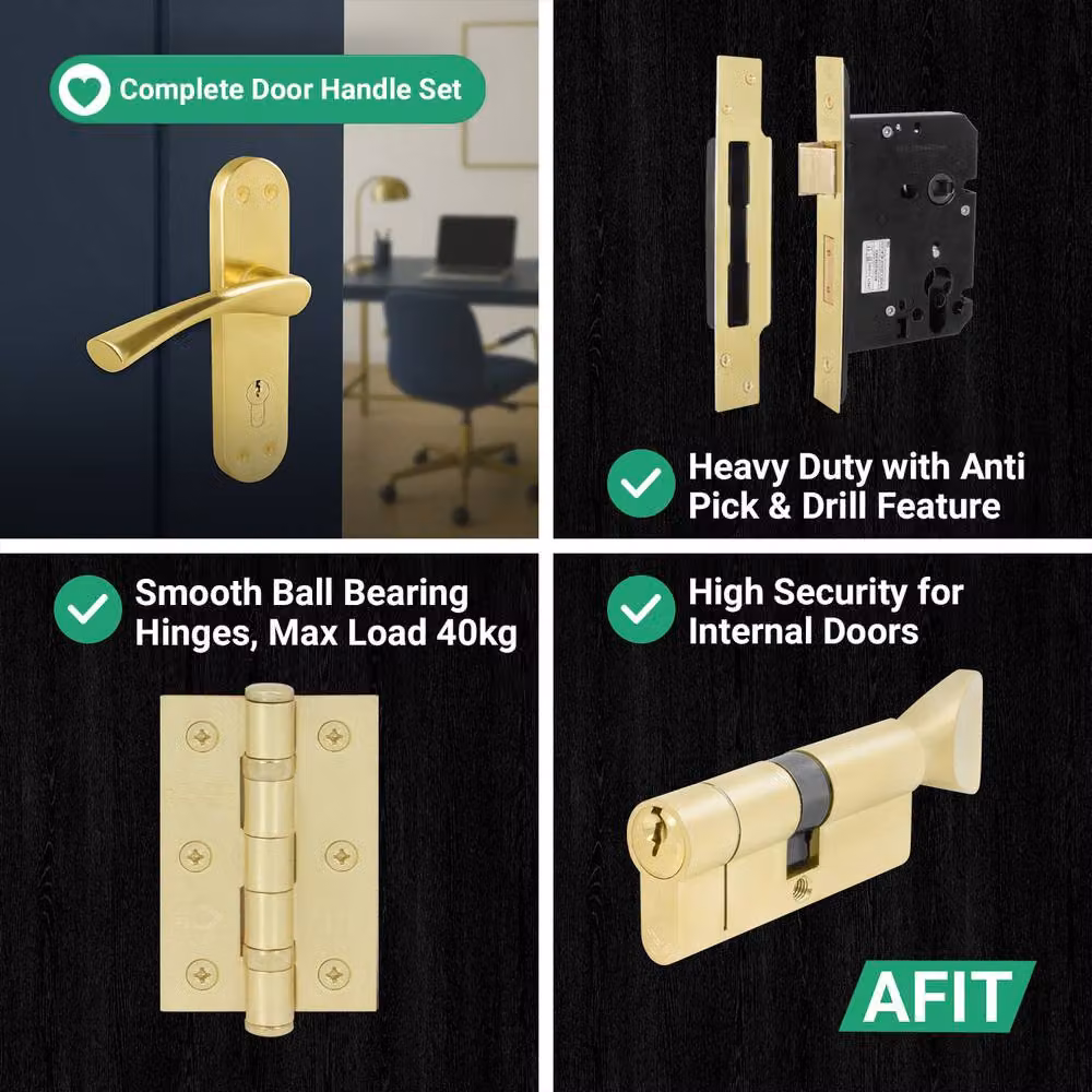 AFIT Satin Brass Euro Thumbturn Cylinder Door Handle, Lock and Hinges Set in Gold – 3