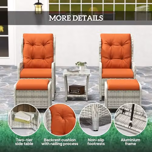 Outsunny 4 Piece Rattan Garden Furniture Set with Lounge Armchair, Ottoman, Coffee Table and Upholstered Cushions in Orange – 5