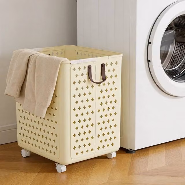 EONLION XL Collapsible Laundry Hamper on Wheels with Handles, Beige