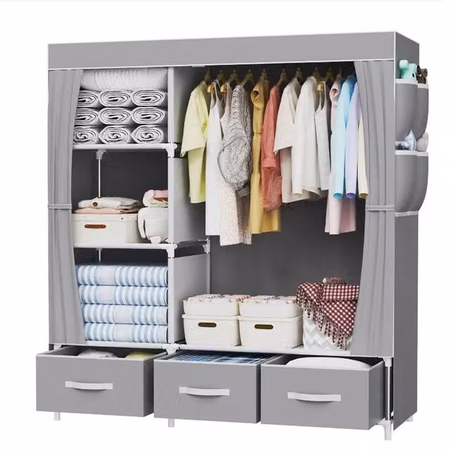 Havendro Fabric Wardrobe with Hanging Rail and Shelving in Grey, H 165 x W 105 x D 45 cm