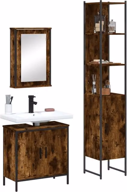 Berkfield Home 3 Piece Brown Smoked Oak Bathroom Furniture Set with Mirror Cabinet and Vanity Unit – 1