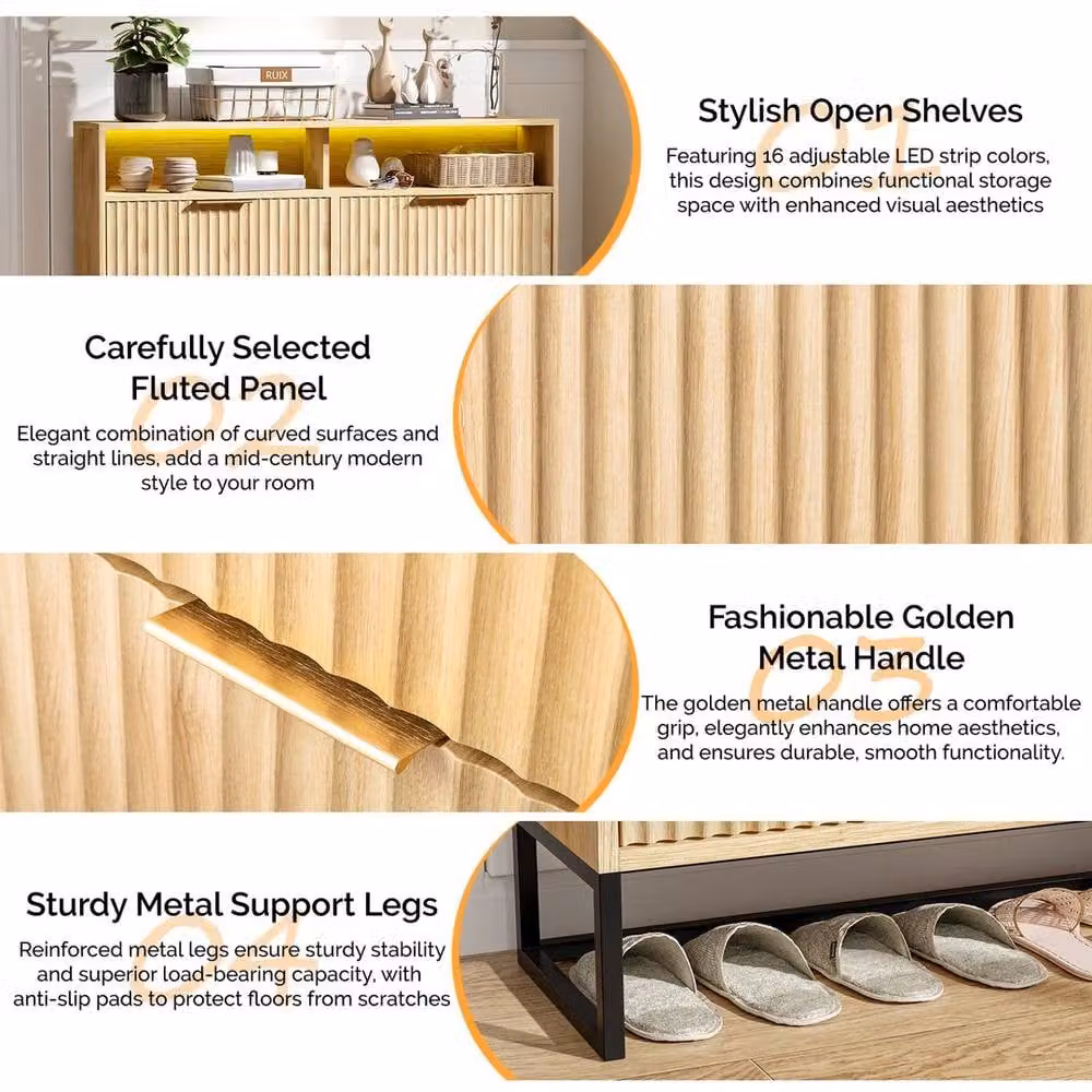 EONLION Mid-Century Modern Oak Shoe Cabinet with 4 Tilting Compartments and Integrated Lighting in Light Oak, Width: 100 cm – 2