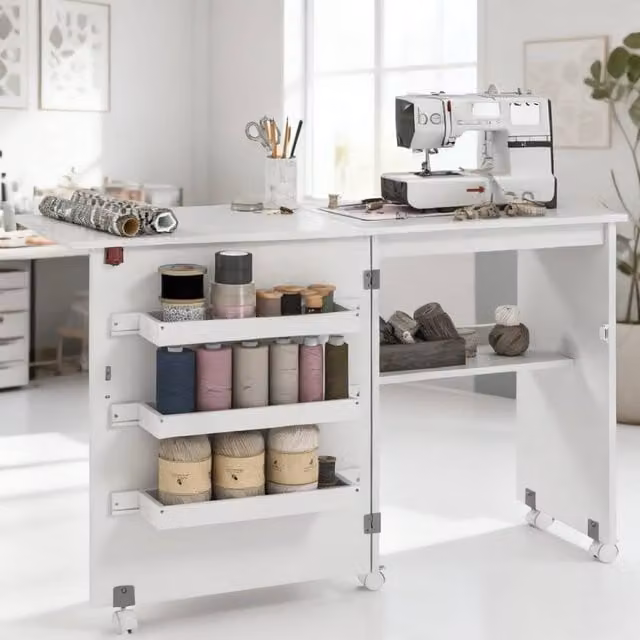 ERGOVEXA Folding Sewing Table with Drop Leaf and Storage, White