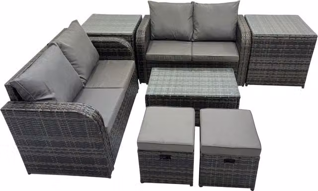 Fimous 6-Seater L-Shape Garden Rattan Sofa Set with Coffee Table and Ottomans in Dark Grey