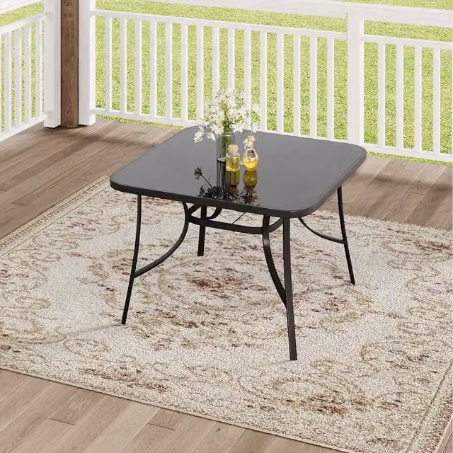 Komore Black Rustic Square Outdoor Tempered Glass Table with Parasol Hole