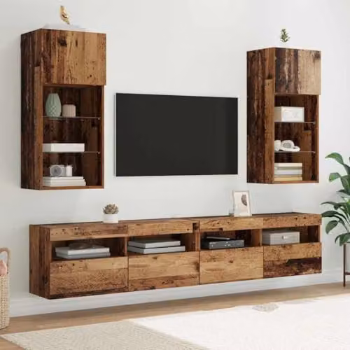 vidaXL Set of 2 Modern Wall-Mounted TV Cabinets in Old Wood Brown with Glass Doors and Integrated Lighting – 2