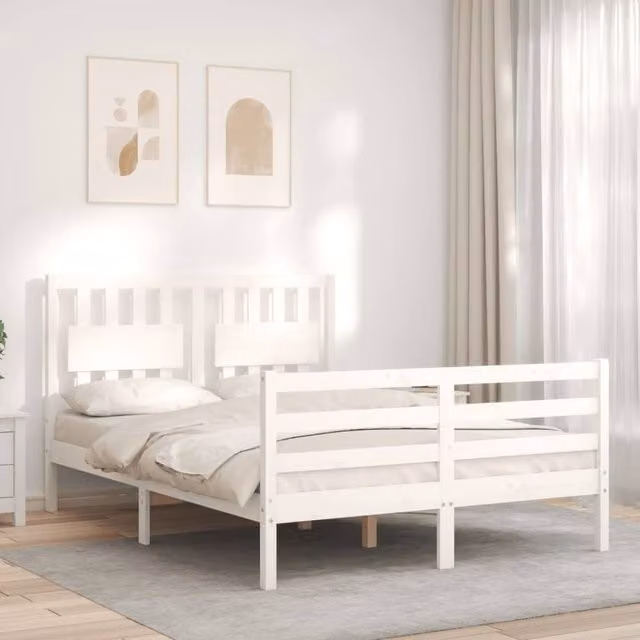 Berkfield Home Beautiful Solid Wood Pine Bed Frame with Headboard, White, W/D/H: 140.5 x 200 x 100 cm