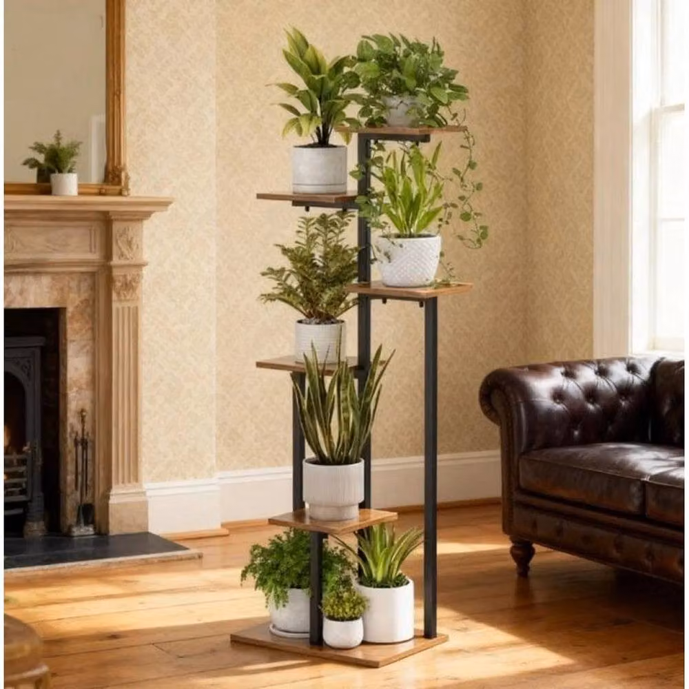 EONLION 6 Tier Tall Wood and Metal Plant Stand in Matt Black – 3