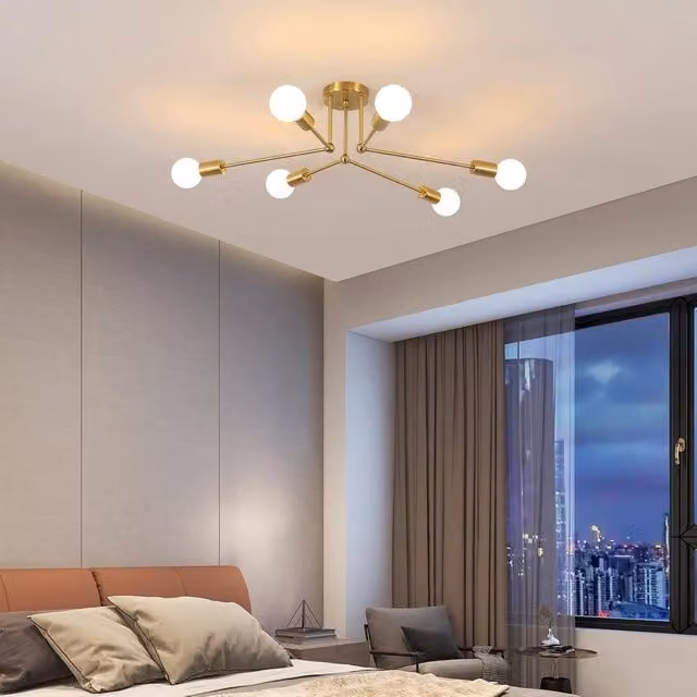 Goeco Sputnik Chandelier, Vintage 6-Bulb Industrial Metal Ceiling Light in Gold/Brass, E27 – 1