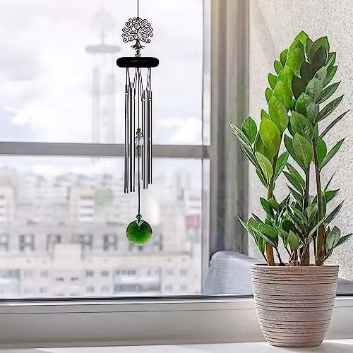 Woodstock Chimes Tree of Life Wind Chime in Silver and Black with Bird and Leaf Details – 2