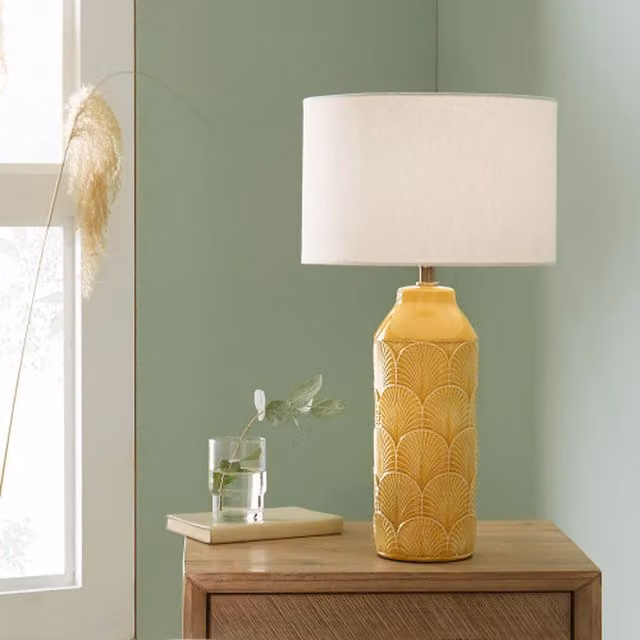 Pacific Lifestyle Embossed Ceramic Table Lamp with Textured Feather Pattern in Yellow