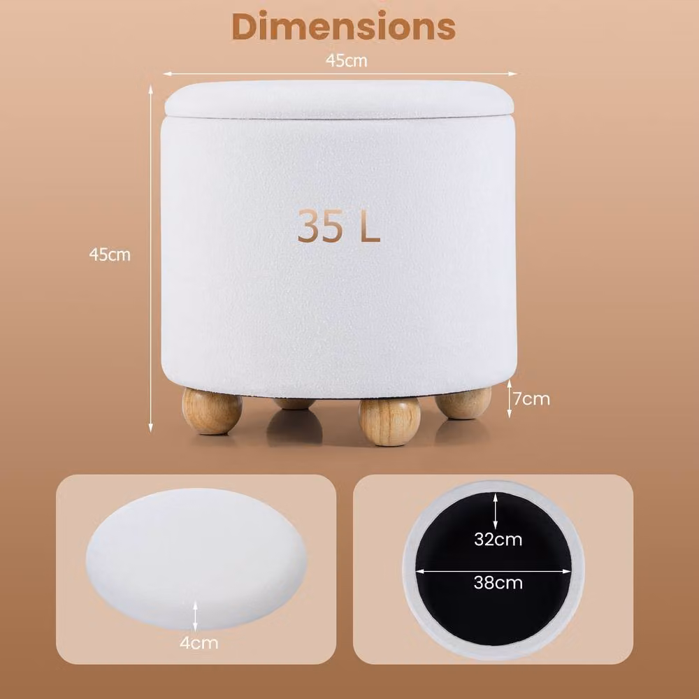 Costway Round Storage Ottoman in White Chenille Fabric with Rubberwood Frame, Diameter: 45 cm – 4
