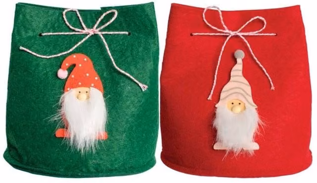 KDMD Jolly Gonks Christmas Drawstring Lined Bag Duo 2 Pack in Red, Green and Multicolour