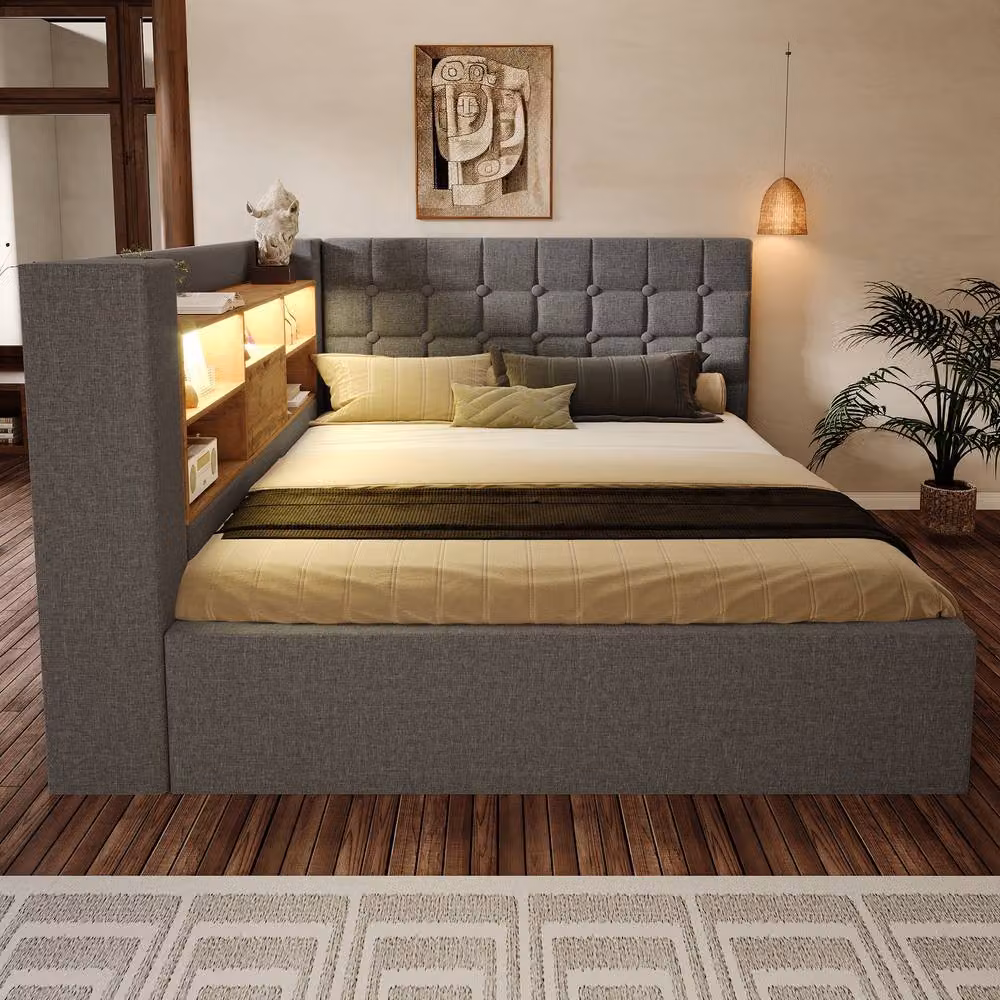 BTM Grey Upholstered Double Day Bed with USB Type C Charging Port, Under-Bed Lighting and Side Storage Compartments, W/D/H: 140 x 200 cm – 7