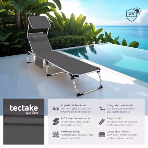 tectake Aurelie Folding Sun Lounger in Grey with Powder Coated Aluminium Frame, Sun Canopy and Adjustable Headrest – 2