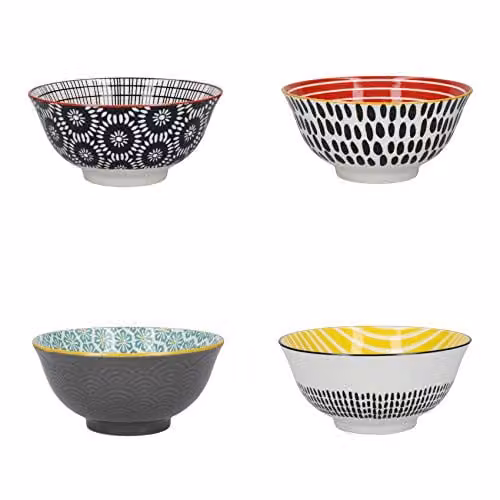 KitchenCraft Set of 4 Geometric Ceramic Cereal Bowls in Black, White and Multicolour, Diameter: 15 cm
