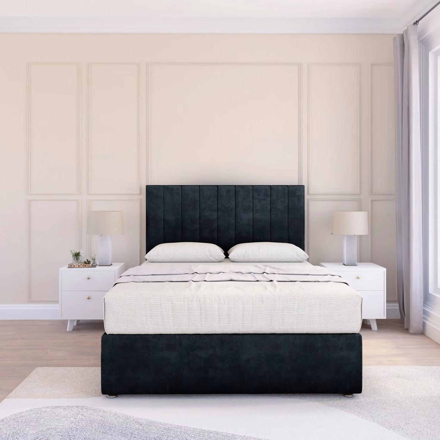Sloomy Kansas Single Divan Bed Base and 26 inch Struts Headboard in Black Velvet Fabric, W/D/H: 90 x 200 cm